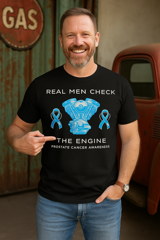 Real Men Check the Engine - Prostate Cancer Awareness Unisex Heavy Cotton Tee